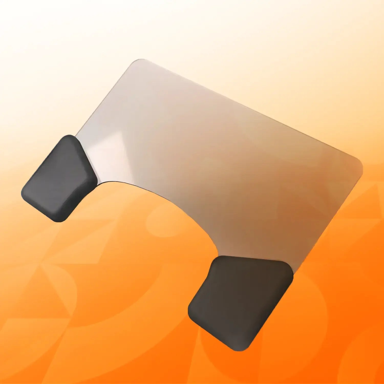 Clear cushioned wheelchair tray with padded corners on an orange gradient background