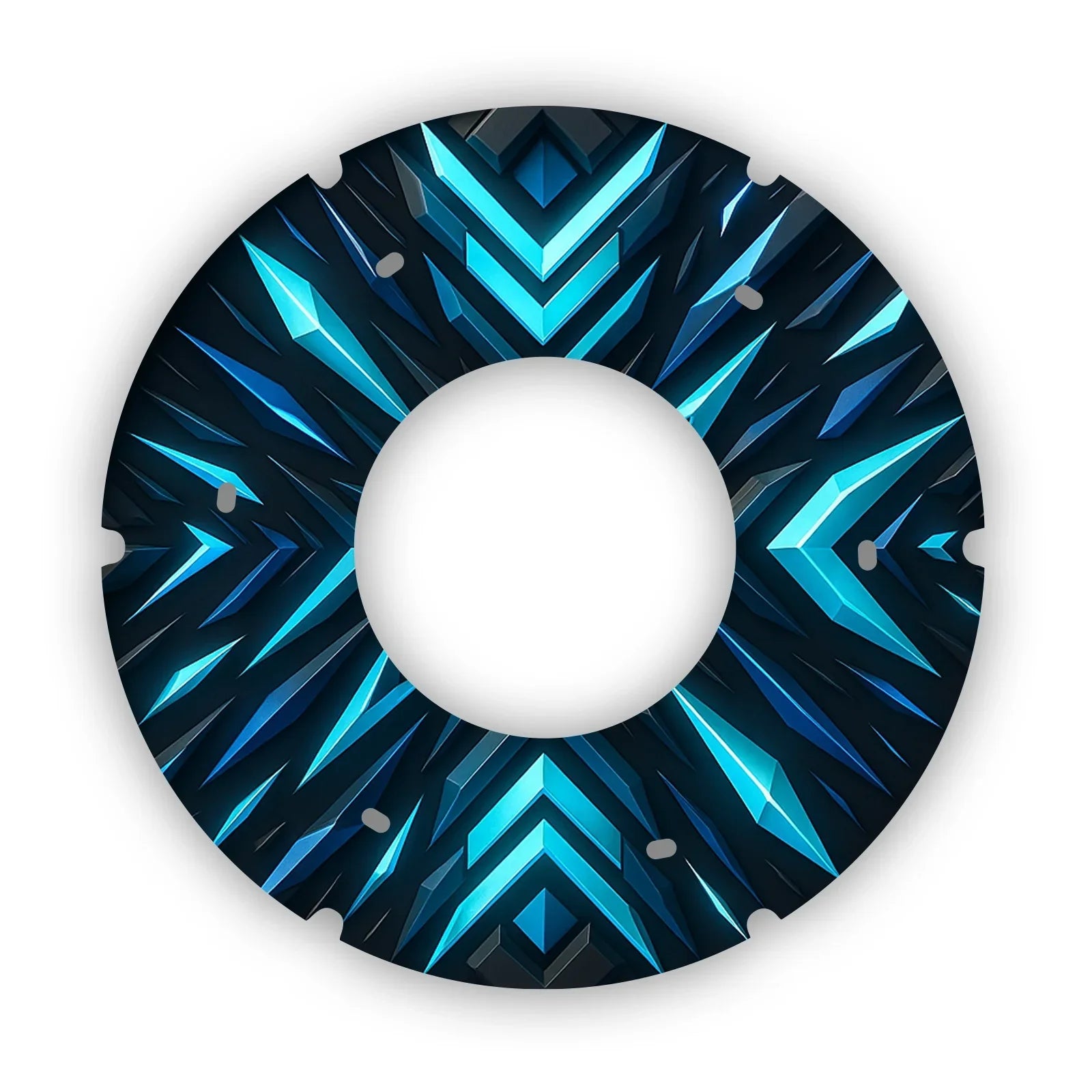 Colorful printed wheelchair spoke guard with blue geometric pattern and mounting holes