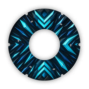 Colorful printed wheelchair spoke guard with blue geometric pattern and mounting holes