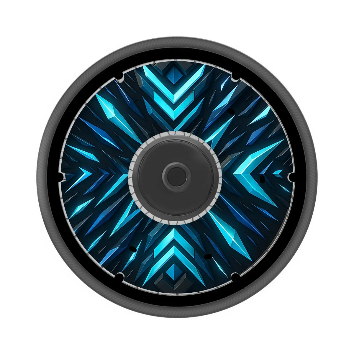 Wheelchair wheel with crystal blue printed spoke guard and geometric pattern design