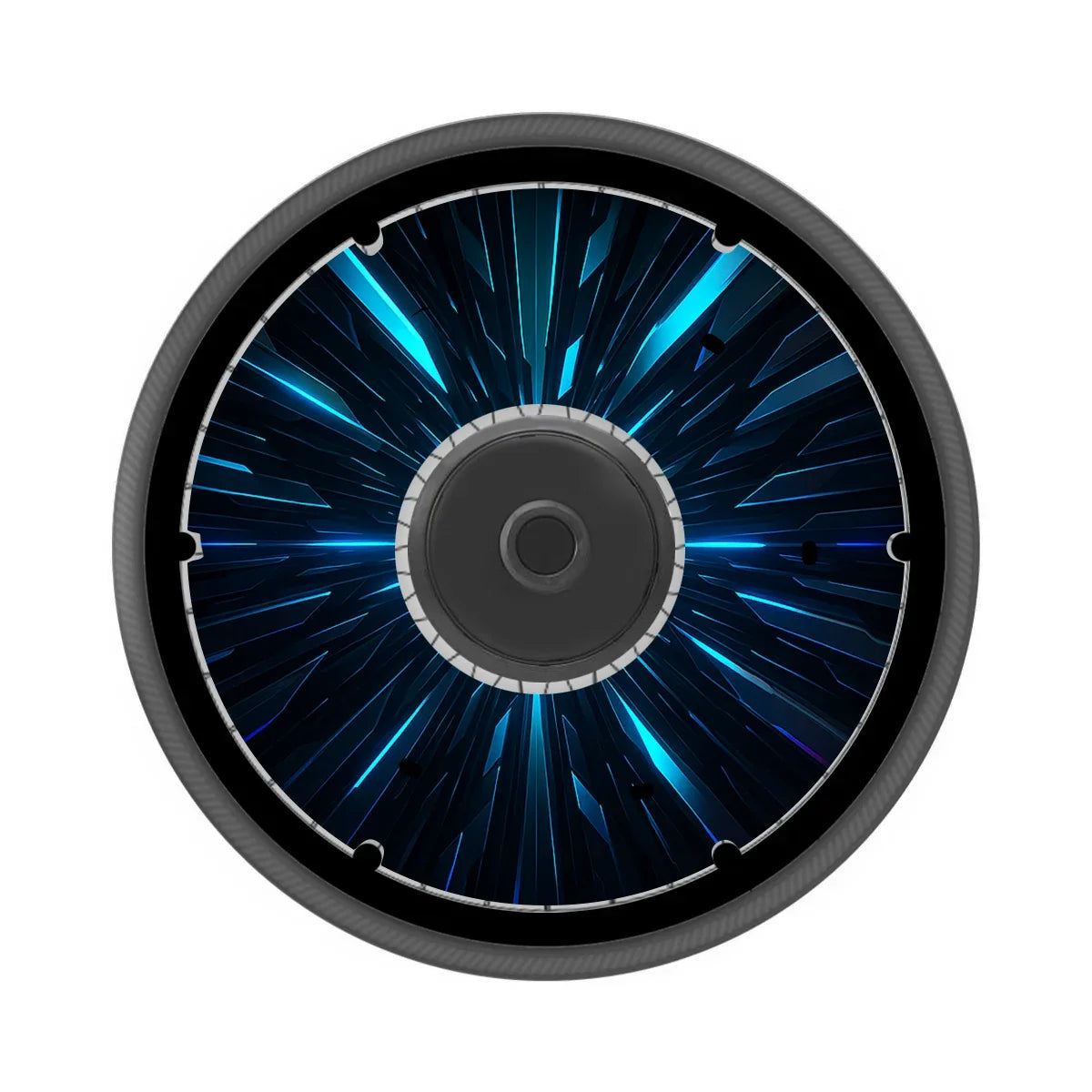 Electric wheelchair wheel with blue printed spoke guard and dynamic geometric pattern