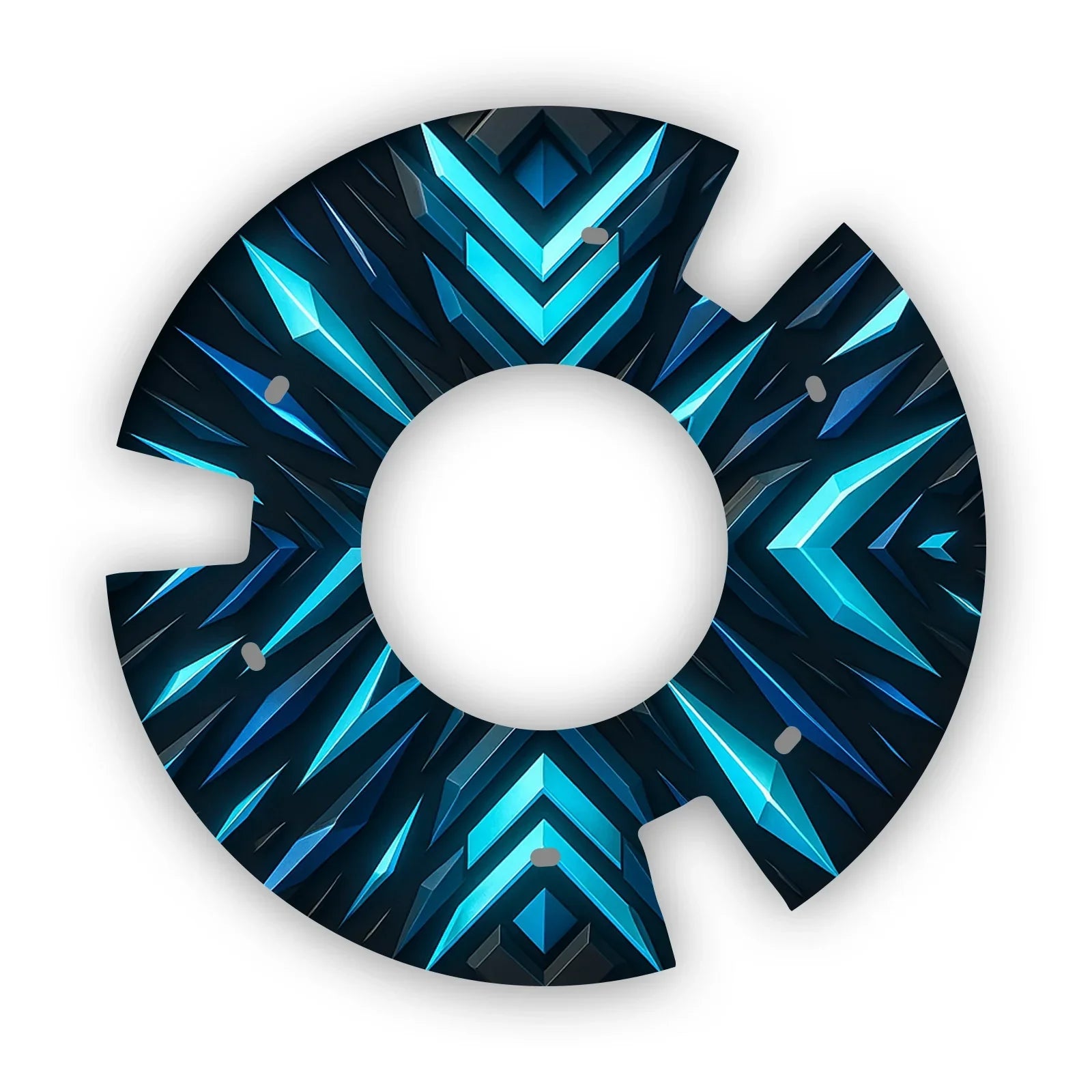 Printed wheelchair spoke guard with geometric blue arrow pattern, circular design