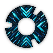 Printed wheelchair spoke guard with geometric blue arrow pattern, circular design