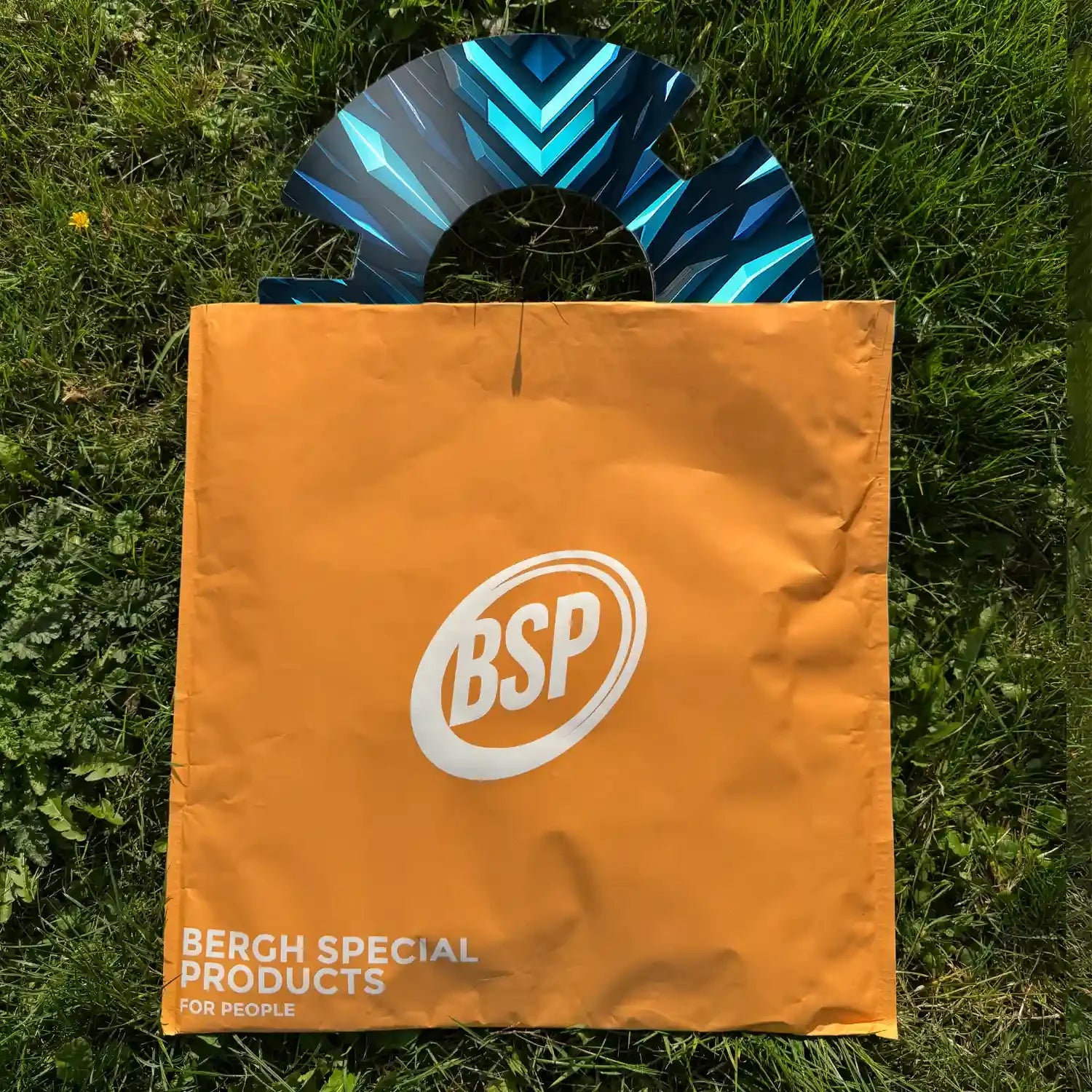 Colorful wheelchair spoke guard with geometric blue print on grass, packaged in an orange BSP bag.