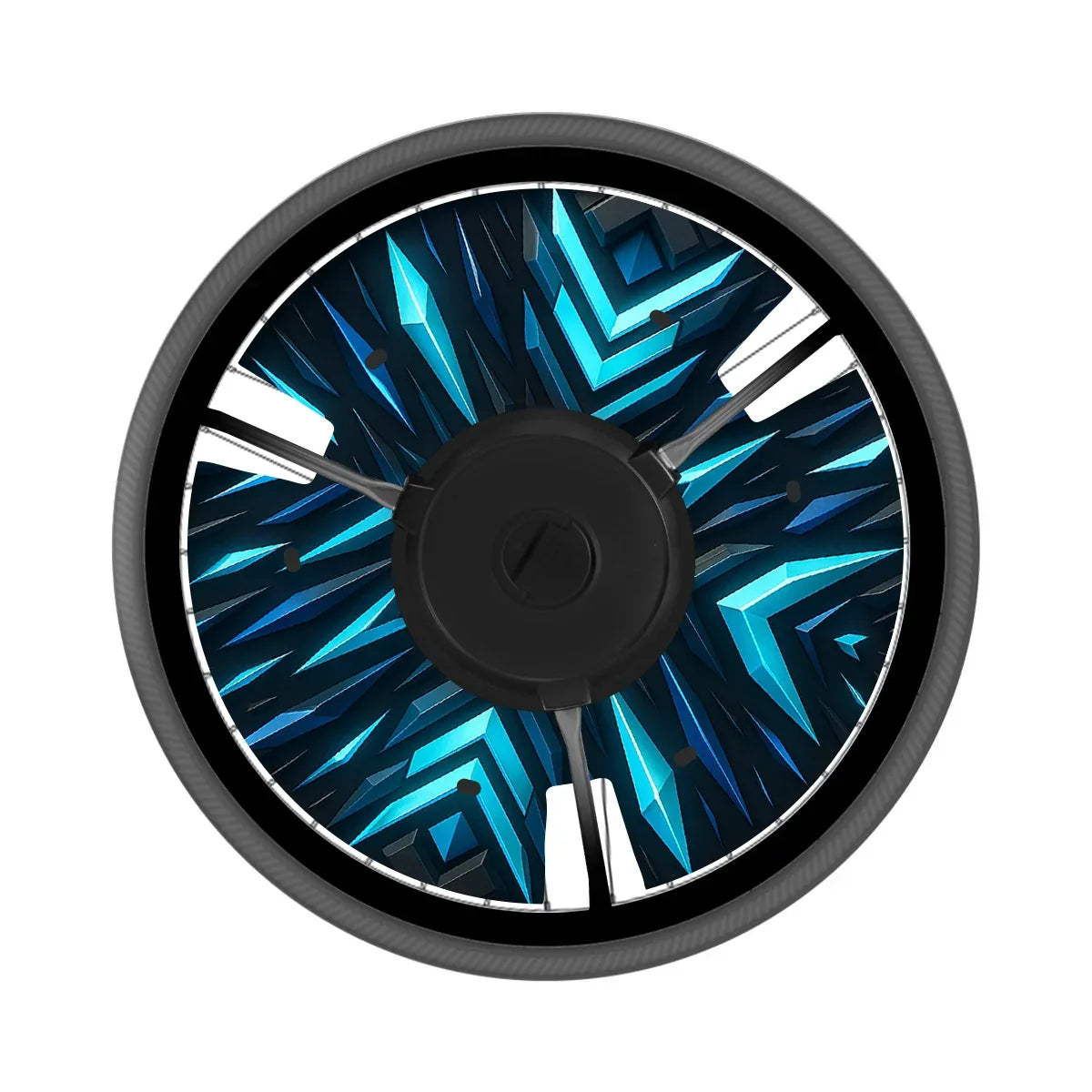 Wheelchair wheel with blue geometric printed spoke guard, modern wheelchair accessory
