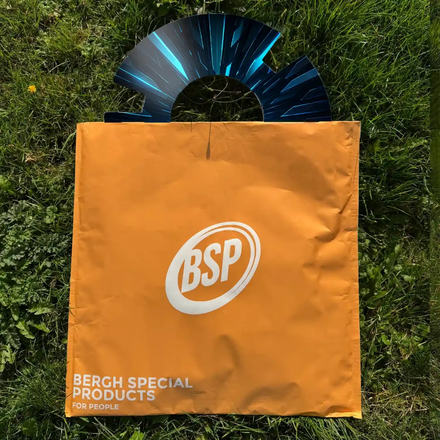 Printed wheelchair spoke guard with blue pattern partially in an orange BSP bag on grass