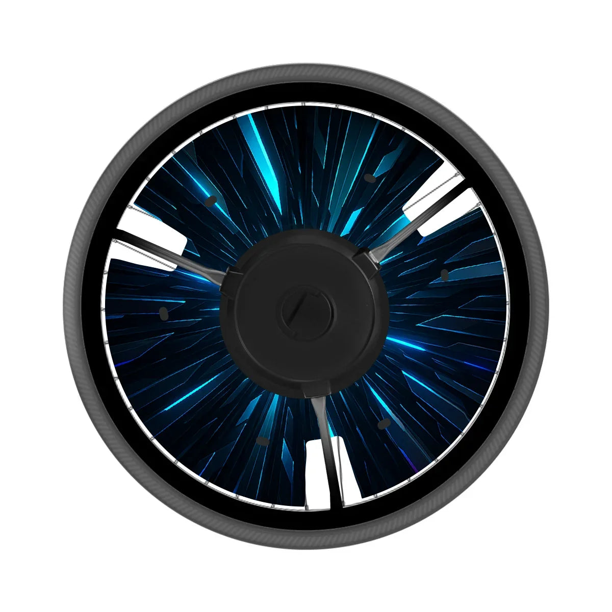 Printed wheelchair spoke guard with blue geometric warp design on wheel
