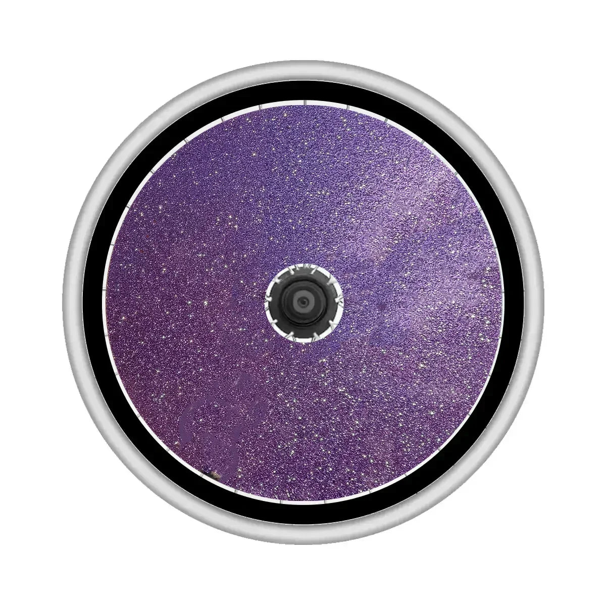 Violetter Glitzer-Rollstuhl-Speichenschutz mit silbernem Rand und schwarzer Umrandung