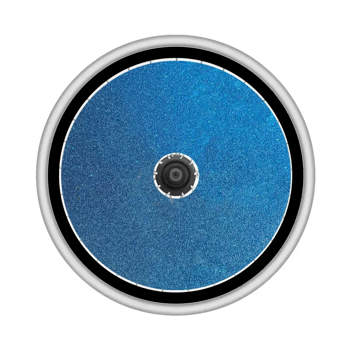 Blauer Glitzer-Rollstuhl-Speichenschutz mit silberner Felge und schwarzem Rand für Rollstuhlzubehör