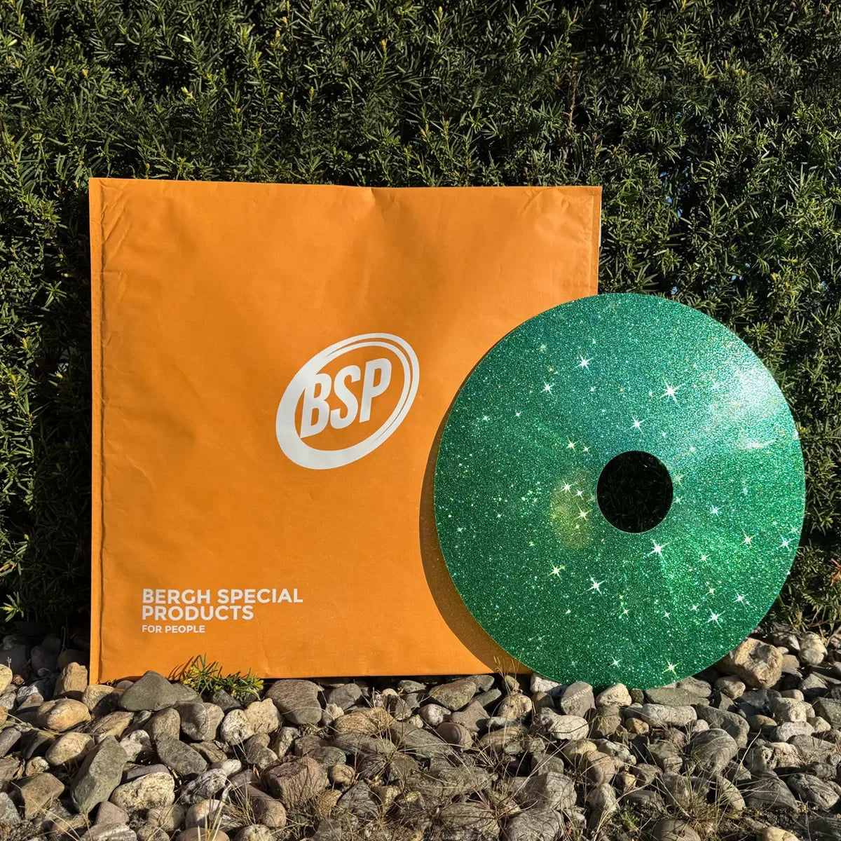 Green glitter wheelchair spoke guard next to orange Bergh Special Products shipping envelope on rocks