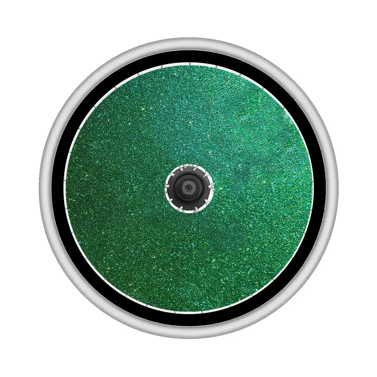 Green glitter wheelchair spoke guard with silver rim and black trim for custom mobility accessories