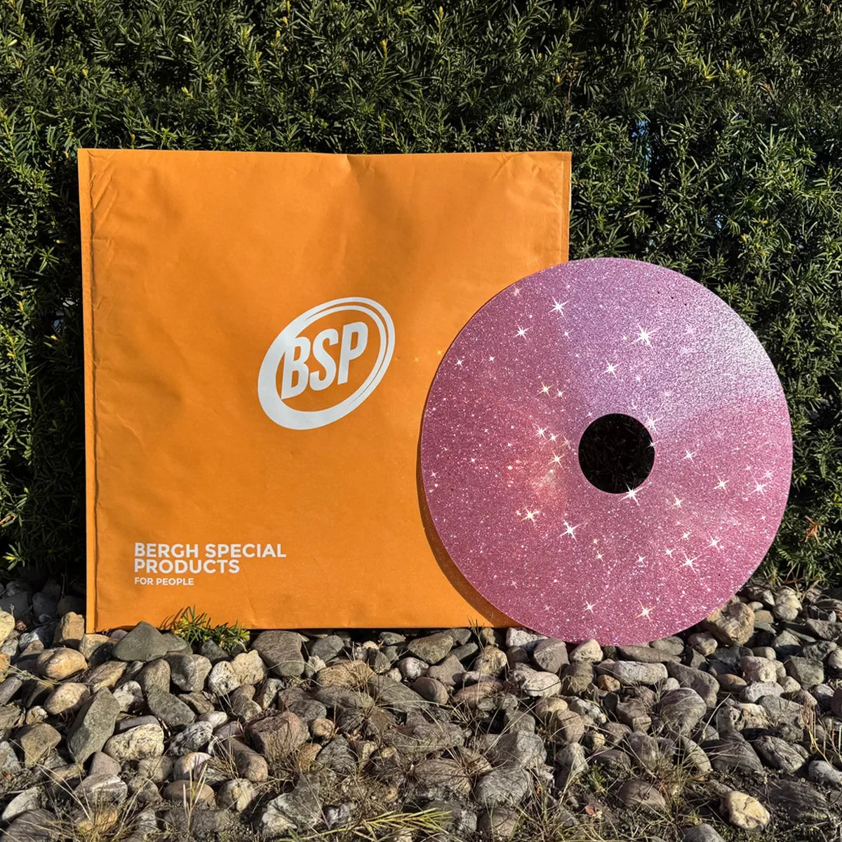 Sparkly pink wheelchair spoke guard next to orange Bergh Special Products bag on rocks