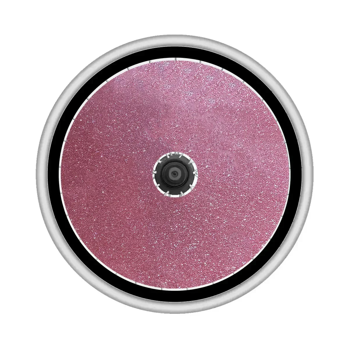 Pink glitter wheelchair spoke guard with black trim and silver rim for custom mobility accessories
