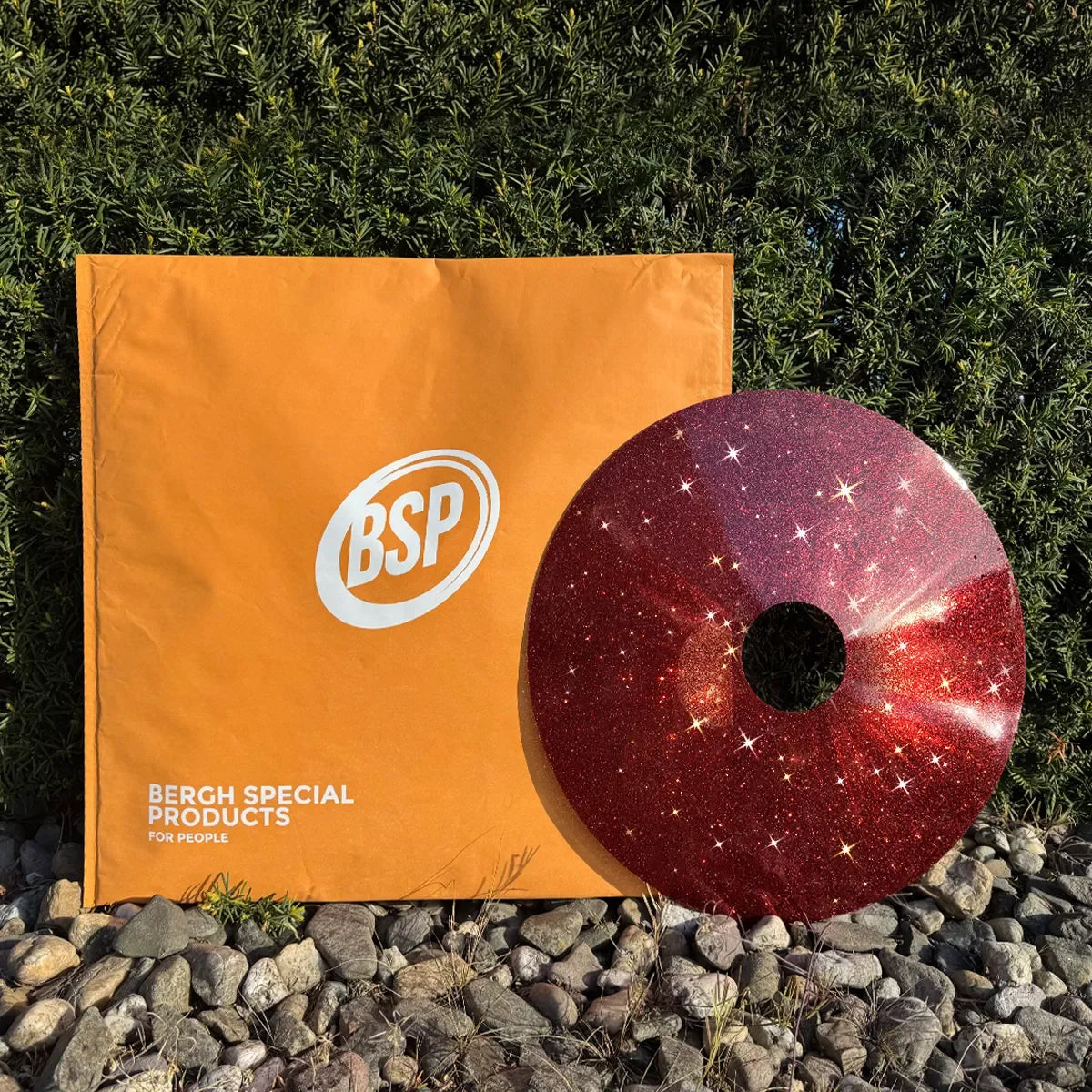 Sparkly red wheelchair spoke guard with star pattern beside orange Bergh Special Products bag on rocks