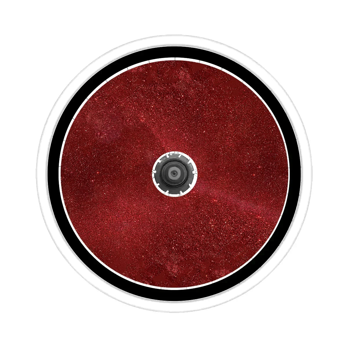 Red glitter wheelchair spoke guard with black trim and white border for custom mobility accessories