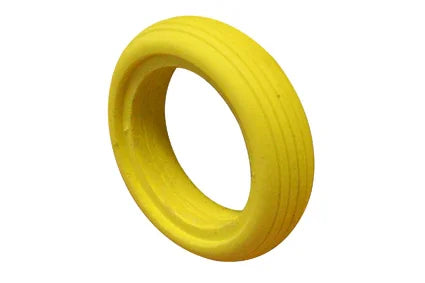 Bright yellow wheelchair spoke guard with ribbed texture for safety and durability
