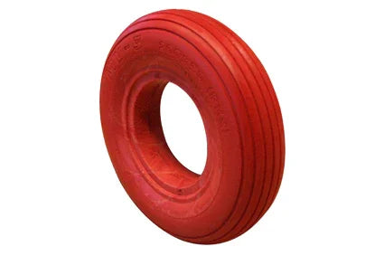 Red wheelchair tire with durable tread, designed for mobility accessories and everyday use