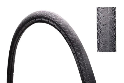 Black wheelchair tire with durable tread pattern, ideal for mobility accessories and everyday use