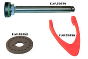Wheelchair accessory parts: metal rod, red plastic guard, and brown circular tray component