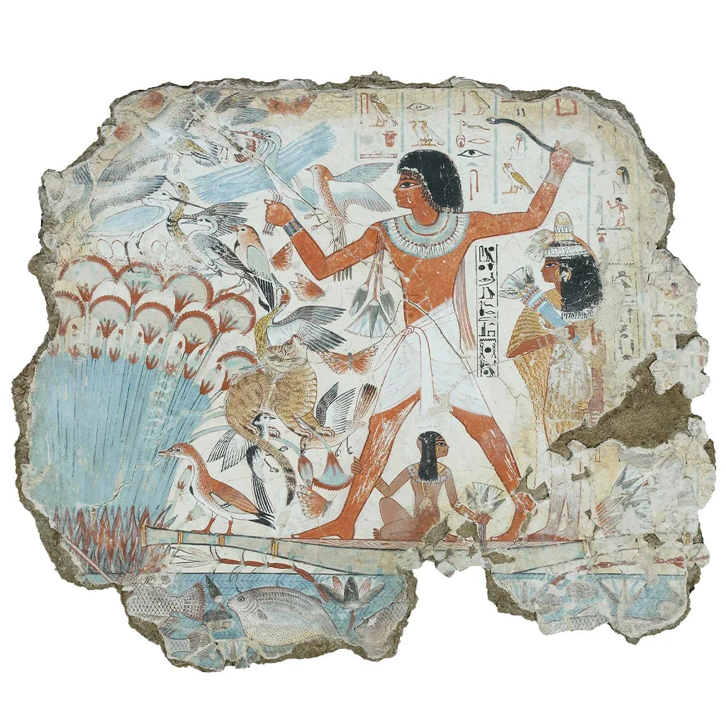 Ancient Egyptian wall painting of people fishing and hunting birds in marshes with reeds and wildlife.