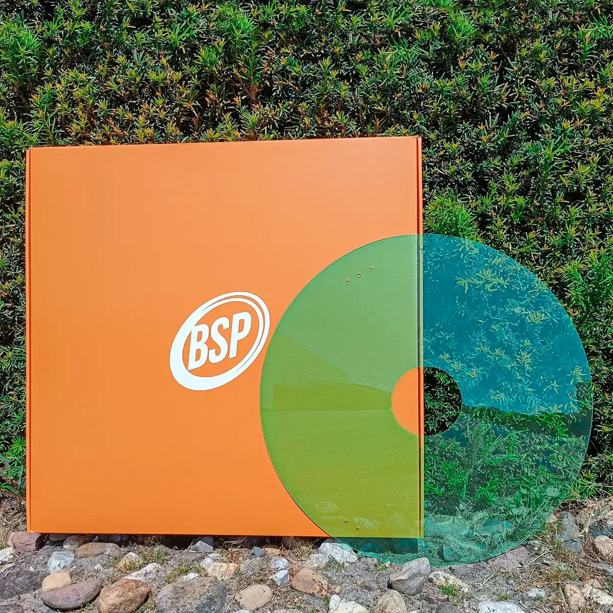 Transparent green spoke guard displayed outdoors on rocks near a green wall.