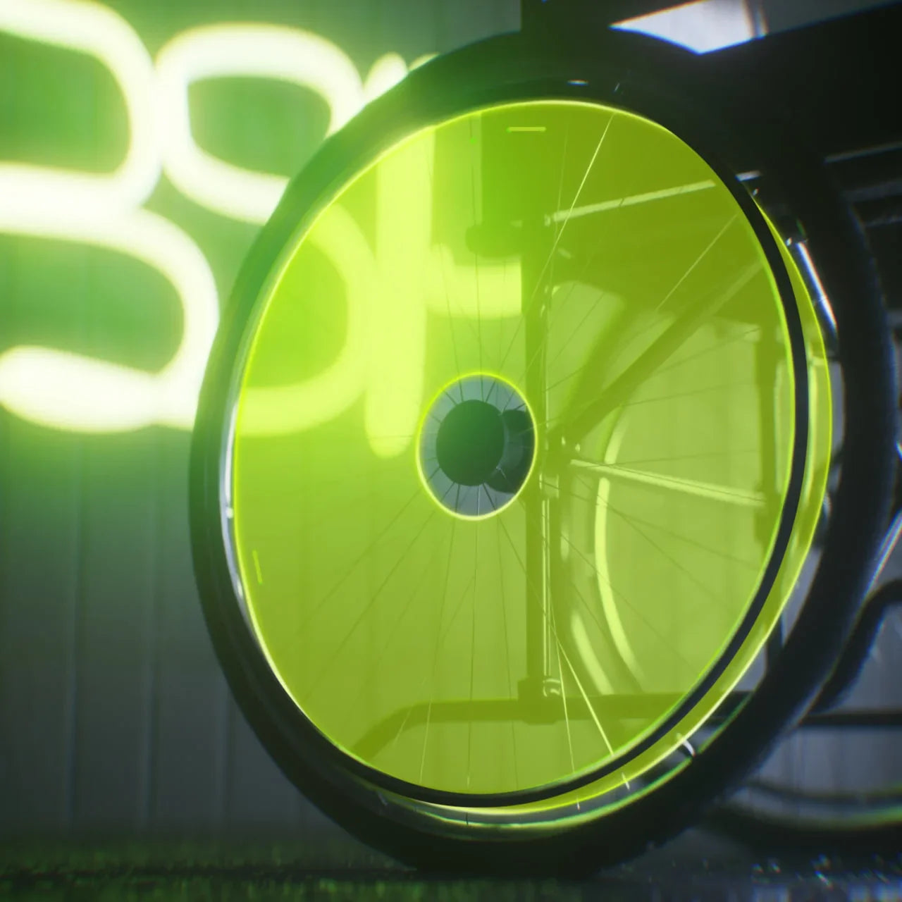Green neon spoke cover on a wheelchair wheel, close-up, with modern lighting