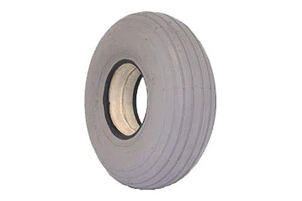 Durable wheelchair tire with ribbed tread and sturdy rim for reliable mobility support