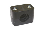 Black wheelchair accessory clamp with threaded hole and mounting screws for secure attachment