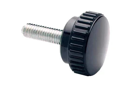 Black plastic knob with metal threaded stem for wheelchair accessories and adjustable parts