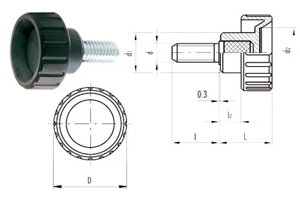 Black plastic knob with threaded bolt, technical diagram showing dimensions for wheelchair accessory parts