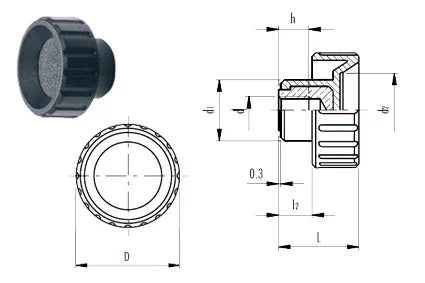 Schwarzer Rollstuhl-Speichenschutz mit technischer Zeichnung und Maßangaben für passgenauen Sitz und Langlebigkeit