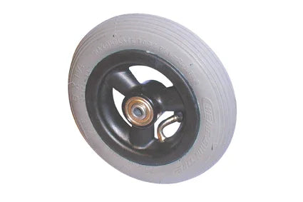 Durable wheelchair caster wheel with black hub and gray tire, designed for smooth mobility and everyday use.
