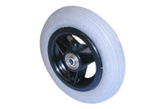 Durable wheelchair wheel with black hub and gray tire, ideal for mobility accessories and replacements
