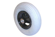 White wheelchair caster wheel with black hub, durable tire for mobility equipment