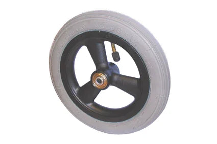 Durable wheelchair wheel with black rim and gray tire, designed for mobility aids and everyday use.