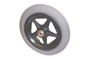 Black wheelchair wheel with gray tire and five-spoke design for mobility equipment