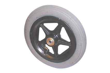 Black wheelchair wheel with gray tire and five-spoke design for mobility equipment
