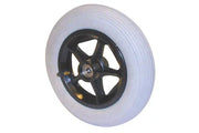White wheelchair wheel with black five-spoke hub, durable tire for mobility equipment
