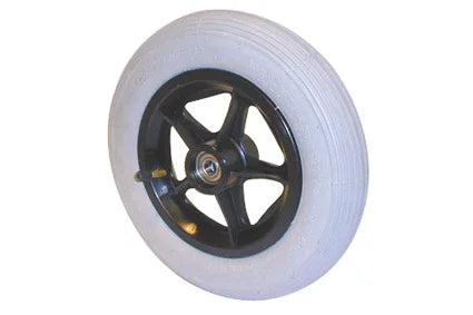 White wheelchair wheel with black five-spoke hub, durable tire for mobility equipment