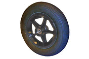 Black wheelchair wheel with durable tire and spoke guard, ideal for mobility accessories