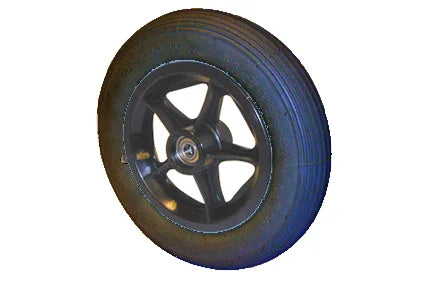 Black wheelchair wheel with durable tire and spoke guard, ideal for mobility accessories