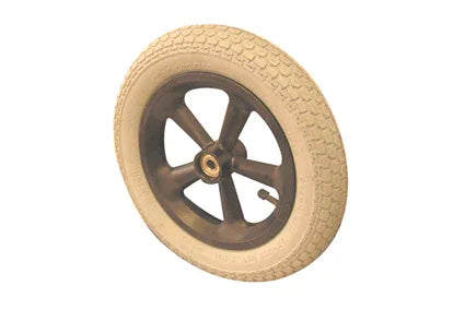 Beige wheelchair wheel with black spoke guard and durable tread for mobility equipment