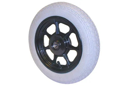 White wheelchair wheel with black spoke guard and durable tread for mobility accessories