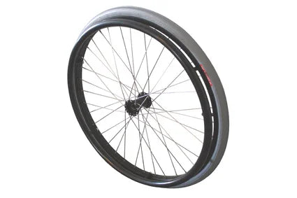 Black wheelchair wheel with silver spokes and durable tire, designed for mobility and everyday use