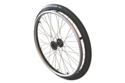 Wheelchair wheel with black tire and silver rim, durable spoke design for mobility aids