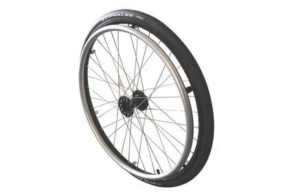 Wheelchair wheel with black tire and silver rim, durable spoke design for mobility aids