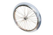 Chrome wheelchair wheel with white tire and spoke guard for durability and safety
