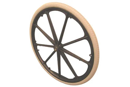 Beige wheelchair wheel with black spokes and durable tire, ideal for mobility accessories and everyday use.