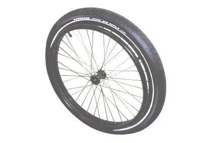 Black wheelchair wheel with durable tire and spoke guard, ideal for mobility accessories and everyday use.