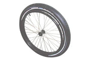Durable wheelchair wheel with black tire and silver spokes, ideal for mobility accessories and everyday use.